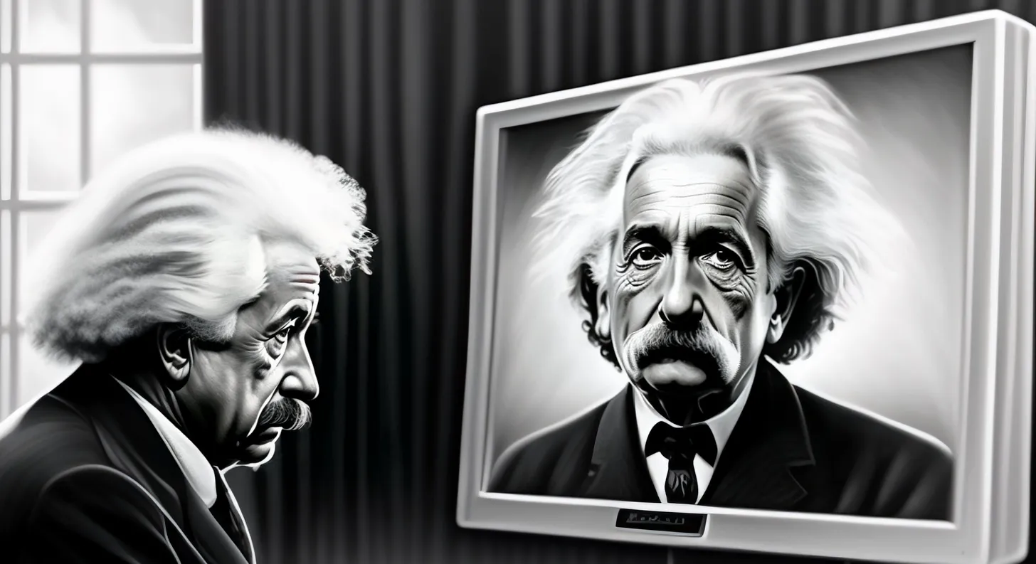 Einstein and &lsquo;ML Einstein&rsquo; facing off (AI generated on lexica.art)