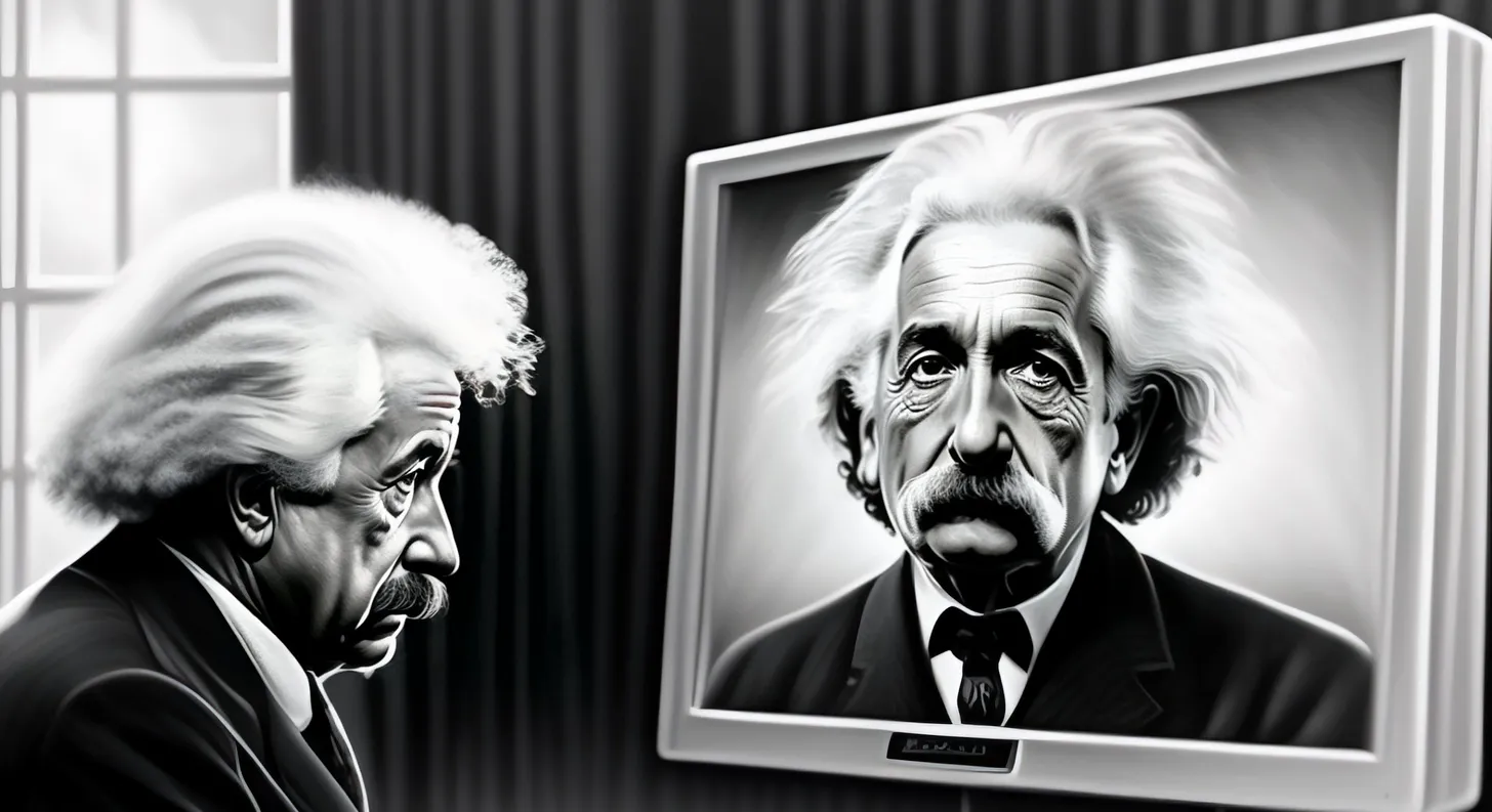 Einstein and ‘ML Einstein’ facing off (AI generated on lexica.art)