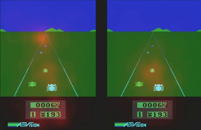 Inspecting a CNN’s activations to see what is important to the value estimate (left) and the policy estimate (right).